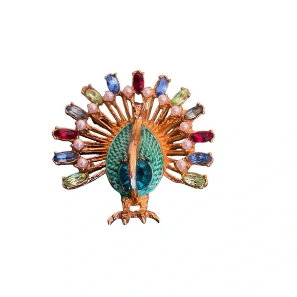 Vintage‎ Peacock Brooch Colorful Rhinestones and Faux Pearls Enamel - Picture 2 of 5